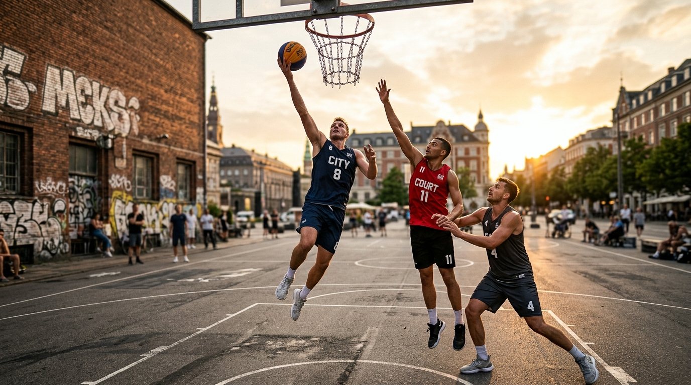 3x3-Basketball: Athleten in dynamischer Spielsituation beim Streetball auf einem urbanen Outdoor-Court.