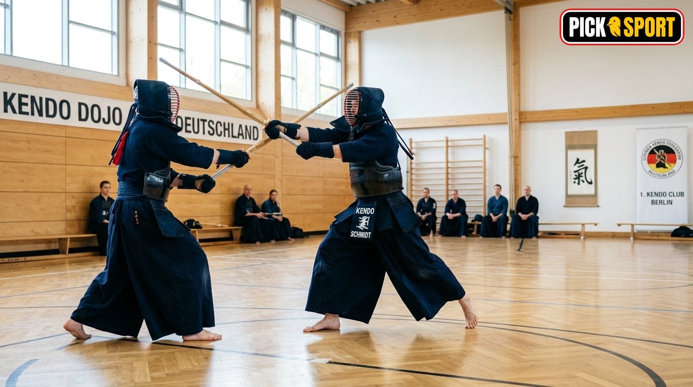 Kendo: Regeln, Technik und Training verständlich erklärt Zwei Personen beim Kendo-Training in einer Sporthalle: Fokus auf Konzentration, Technik und korrekte Körperhaltung.