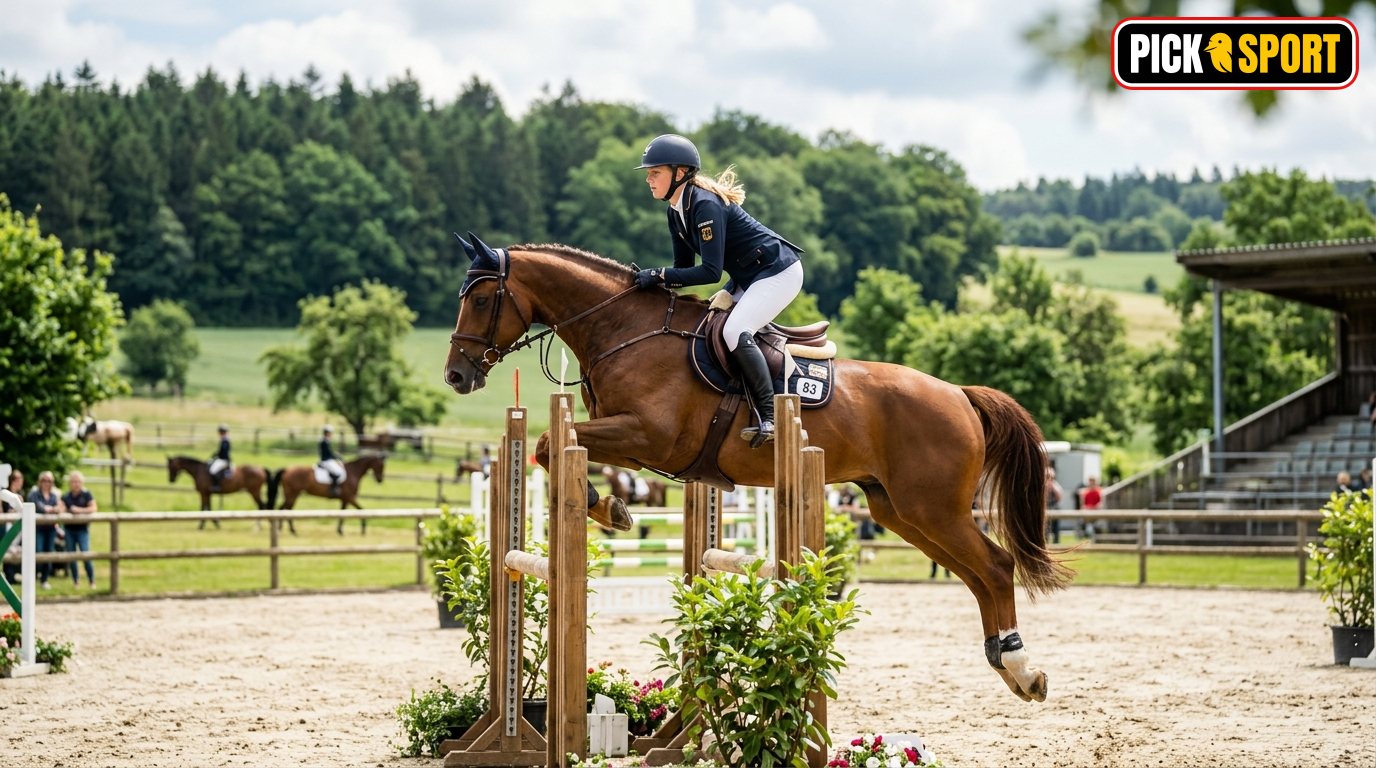 Reiterin auf einem Pferd bei einem kontrollierten Sprung über ein Hindernis auf einem Reitplatz.