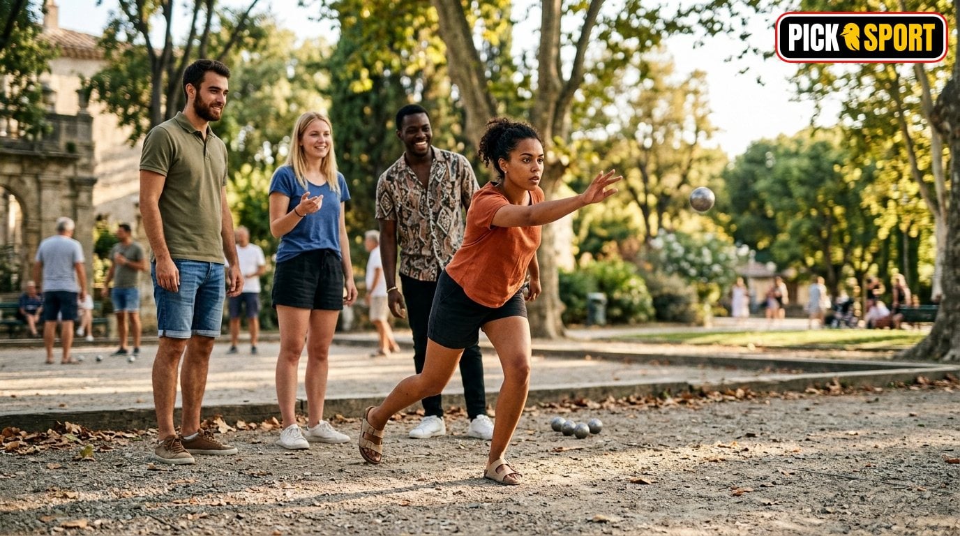 Boule: Regeln, Technik und Training verständlich erklärt Freunde beim Boulespiel in einem Park, Fokus auf Wurfbewegung und Technik für das Boule Training.