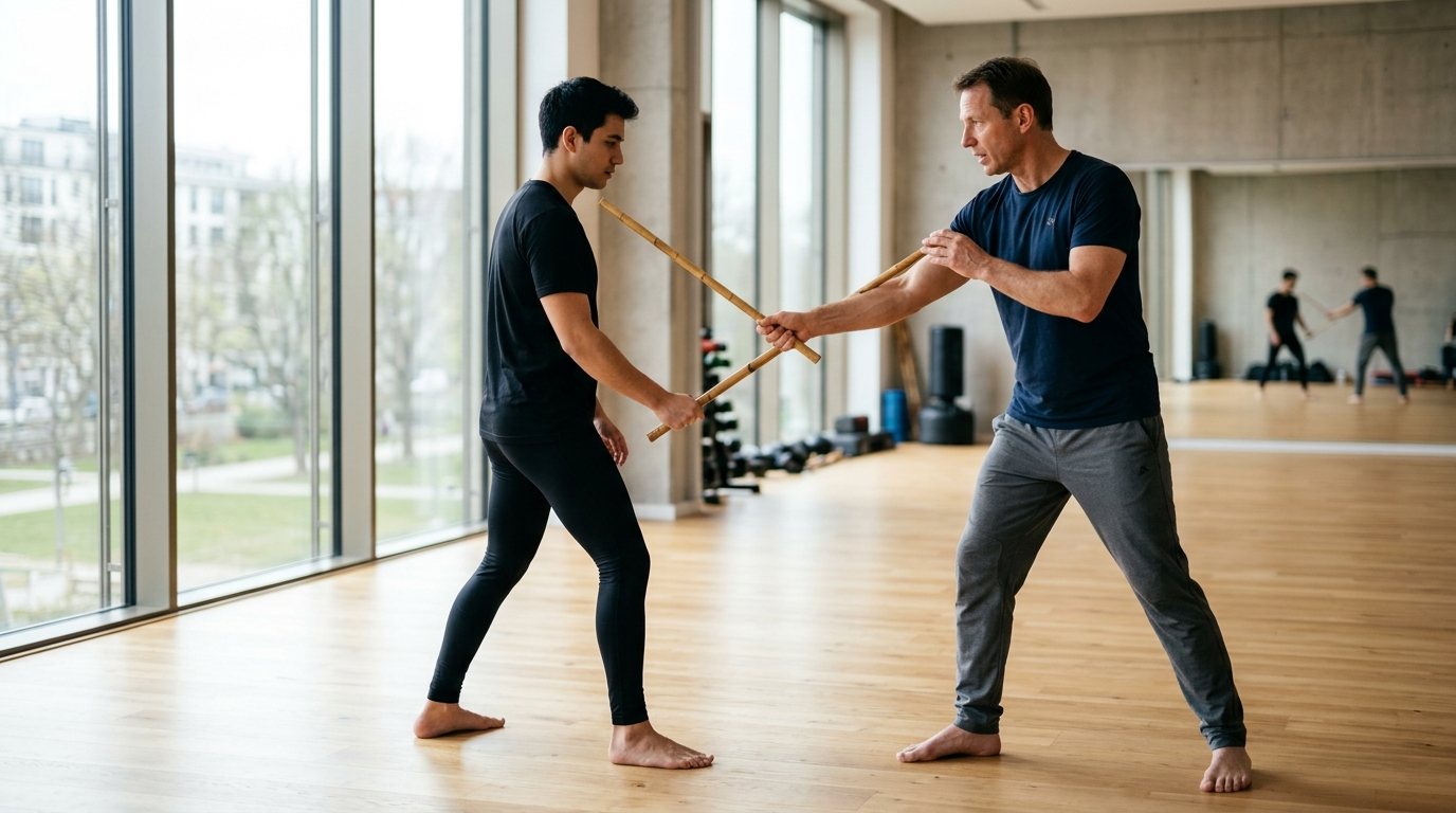 Trainer zeigt einem Schüler die richtige Technik mit dem Rattanstock im Eskrima-Training in einer Sporthalle.