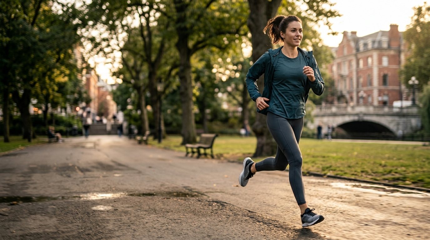 Läufer in moderner Laufkleidung beim Training auf asphaltiertem Weg im Park zur Optimierung der Lauftechnik.