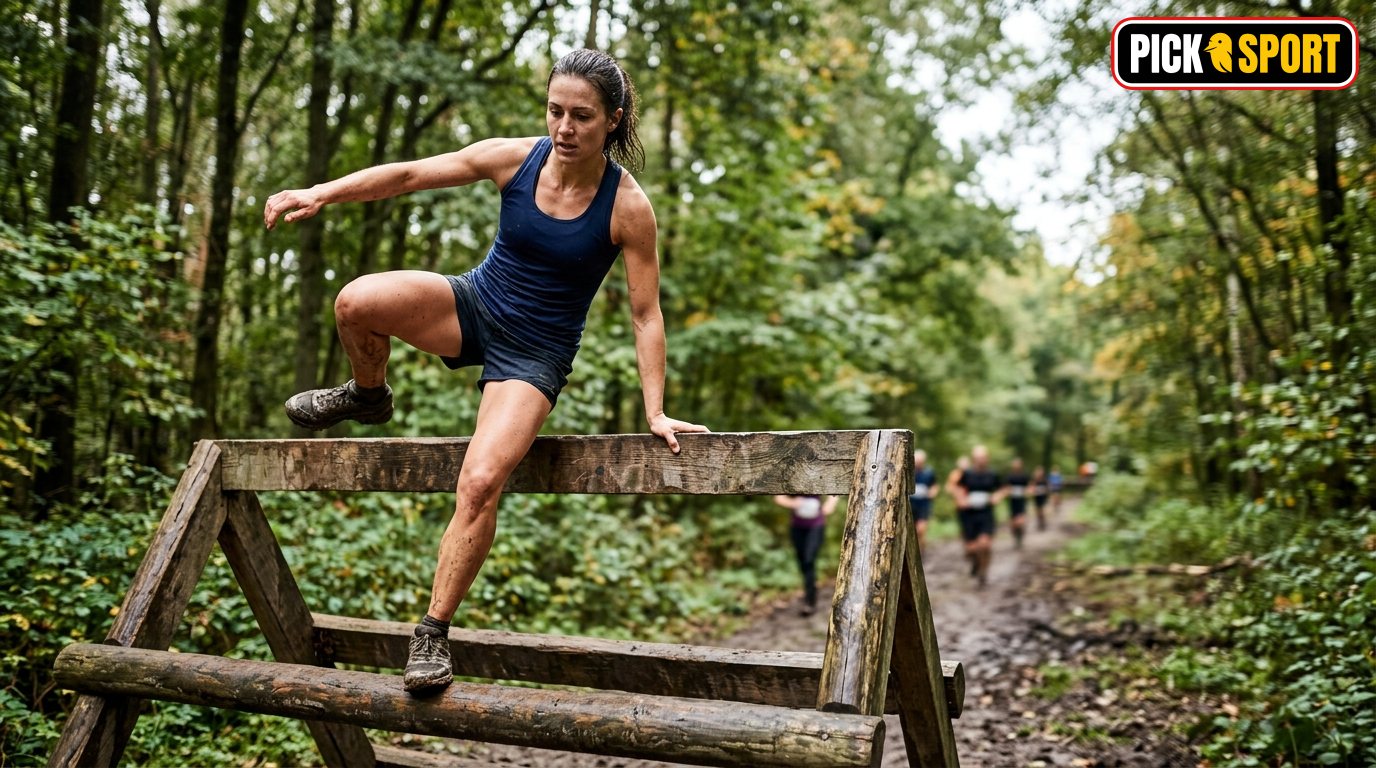 Sportler beim Überwinden eines Hindernisses im Wald – Tipps zu Regeln, Technik und Training für Hindernislauf.