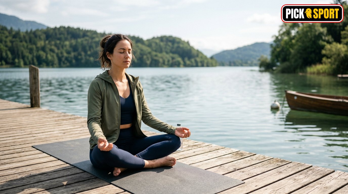 Person beim Apnoetraining mit Konzentrationsübung auf einem Steg am See.