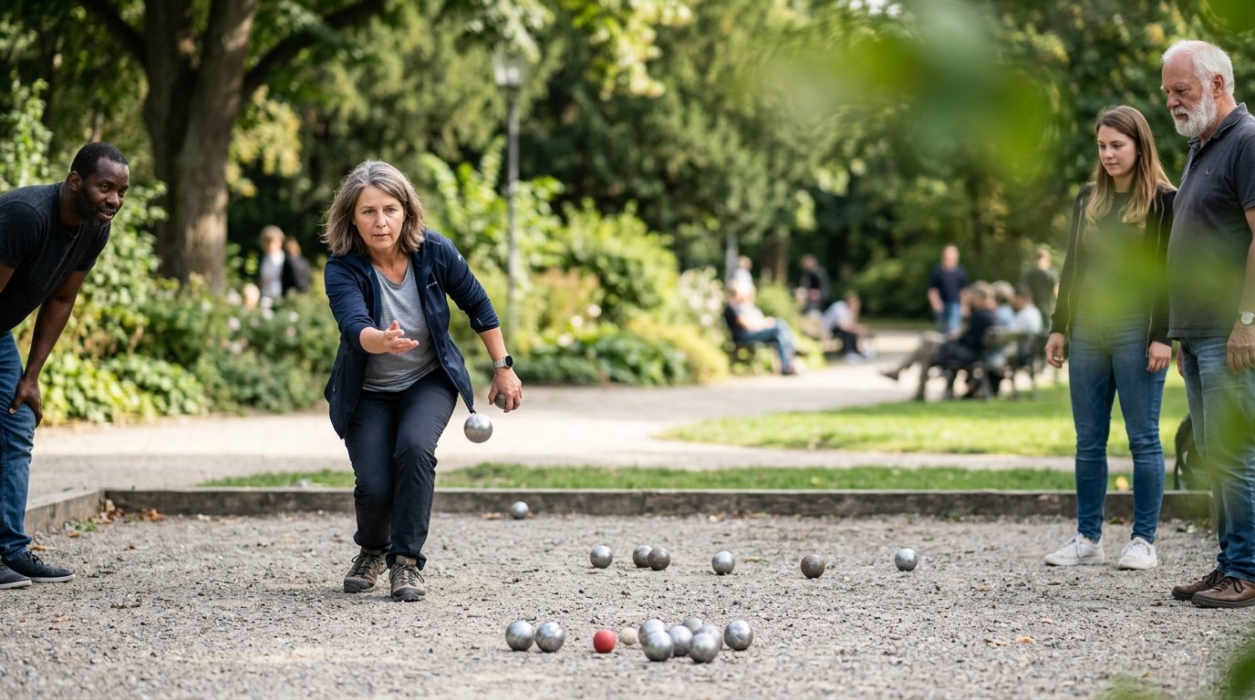 Person beim Boule-Spiel in einem Park: Fokus auf Wurftechnik und Konzentration bei der Kugelabgabe.