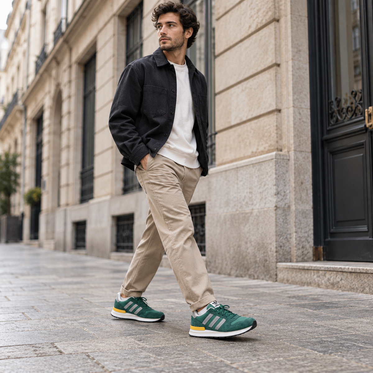 KI-generiertes Lifestyle-Modellbild des ADIDAS ZX 500 RS KI9813 in Grün auf einer urbanen Straße