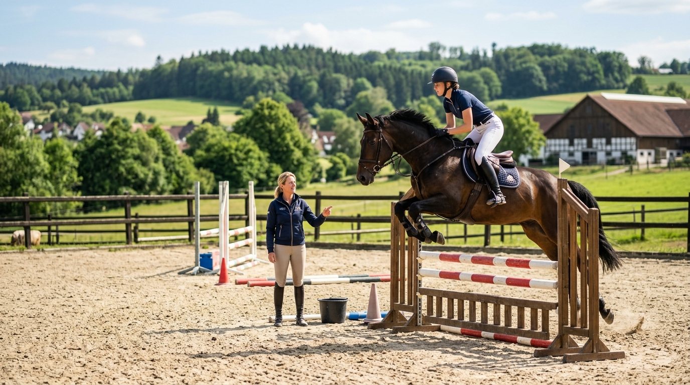 Reiterin beim Springreiten-Training auf einem Reitplatz mit Trainer für den perfekten Sitz und Technik.