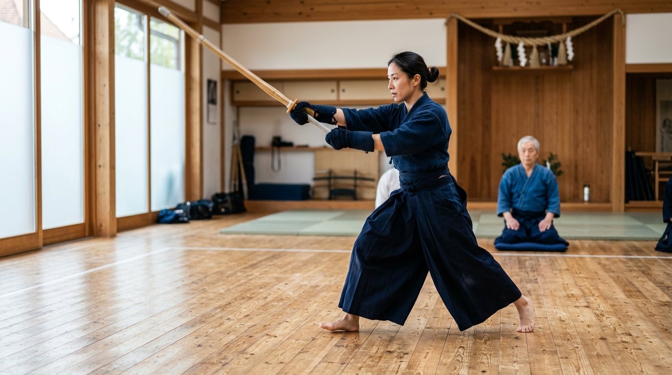 Kendo-Training in einem Dojo: Person bei der Ausführung einer Schlagtechnik mit Fokus auf Beinarbeit und Haltung.