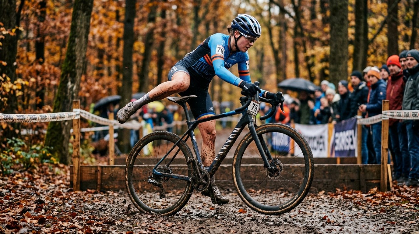 Cyclocross-Sportler beim professionellen Aufsteigen auf das Rad im herbstlichen Gelände