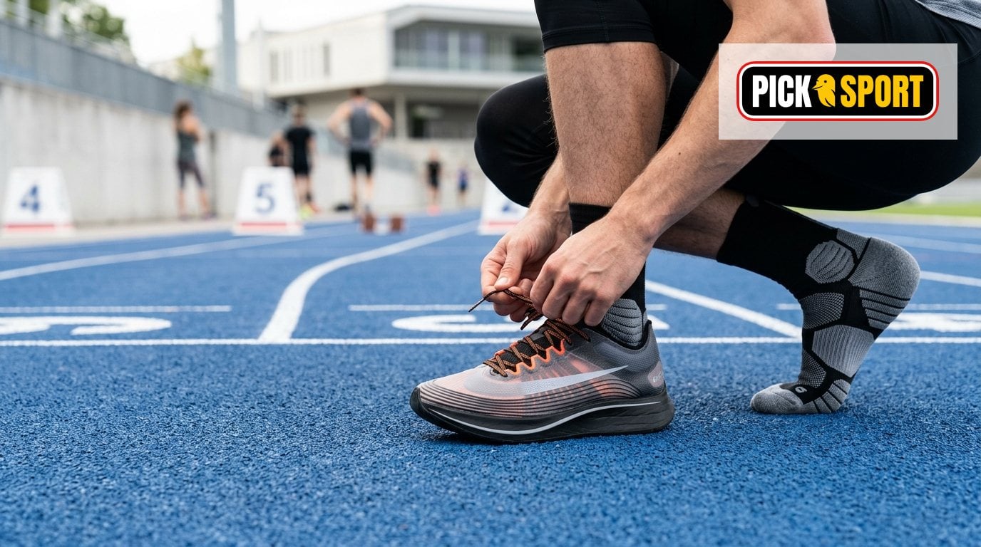 Sportsocken im Training: warum Material, Sitz und Dämpfung wichtig sind Nahaufnahme von Sportsocken und Laufschuhen eines Athleten auf einer Sportanlage zur Vorbereitung auf das Training