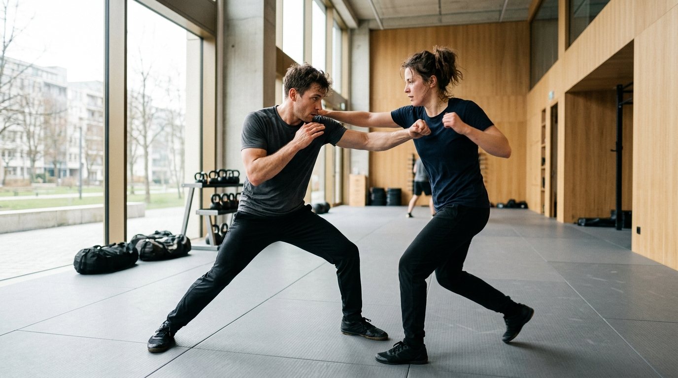 Zwei Personen beim Krav Maga Training in einer modernen Sporthalle zur Selbstverteidigung