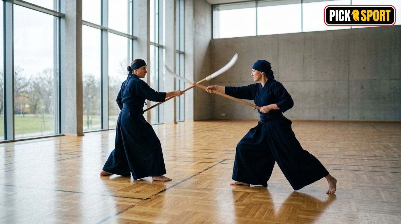 Naginata: Regeln, Technik und Training verständlich erklärt Zwei Personen beim Naginata-Training: Fokus auf Technik, Haltung und Bewegung in einer modernen Sporthalle.