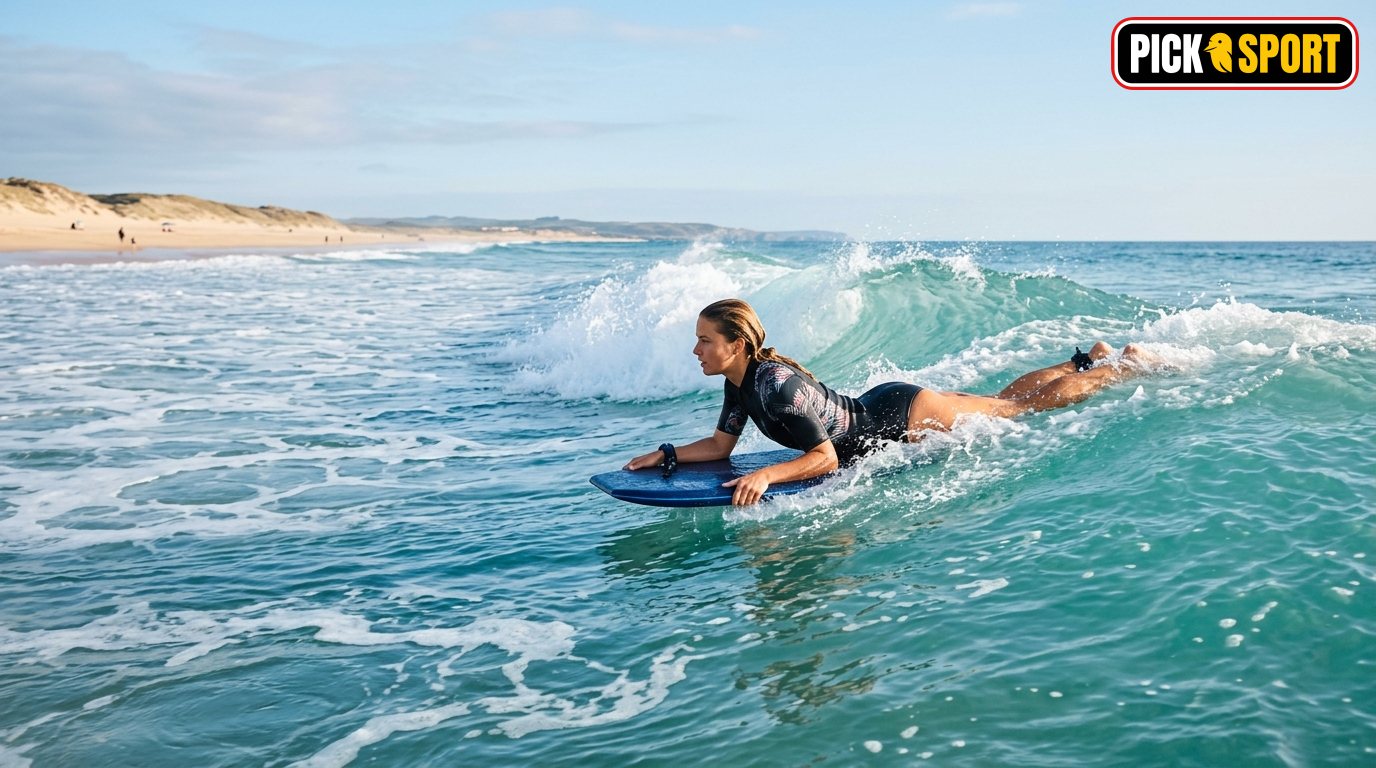 Bodyboarder in Bauchlage auf einer Welle beim Training im Sommer – realistische Sportaufnahme.