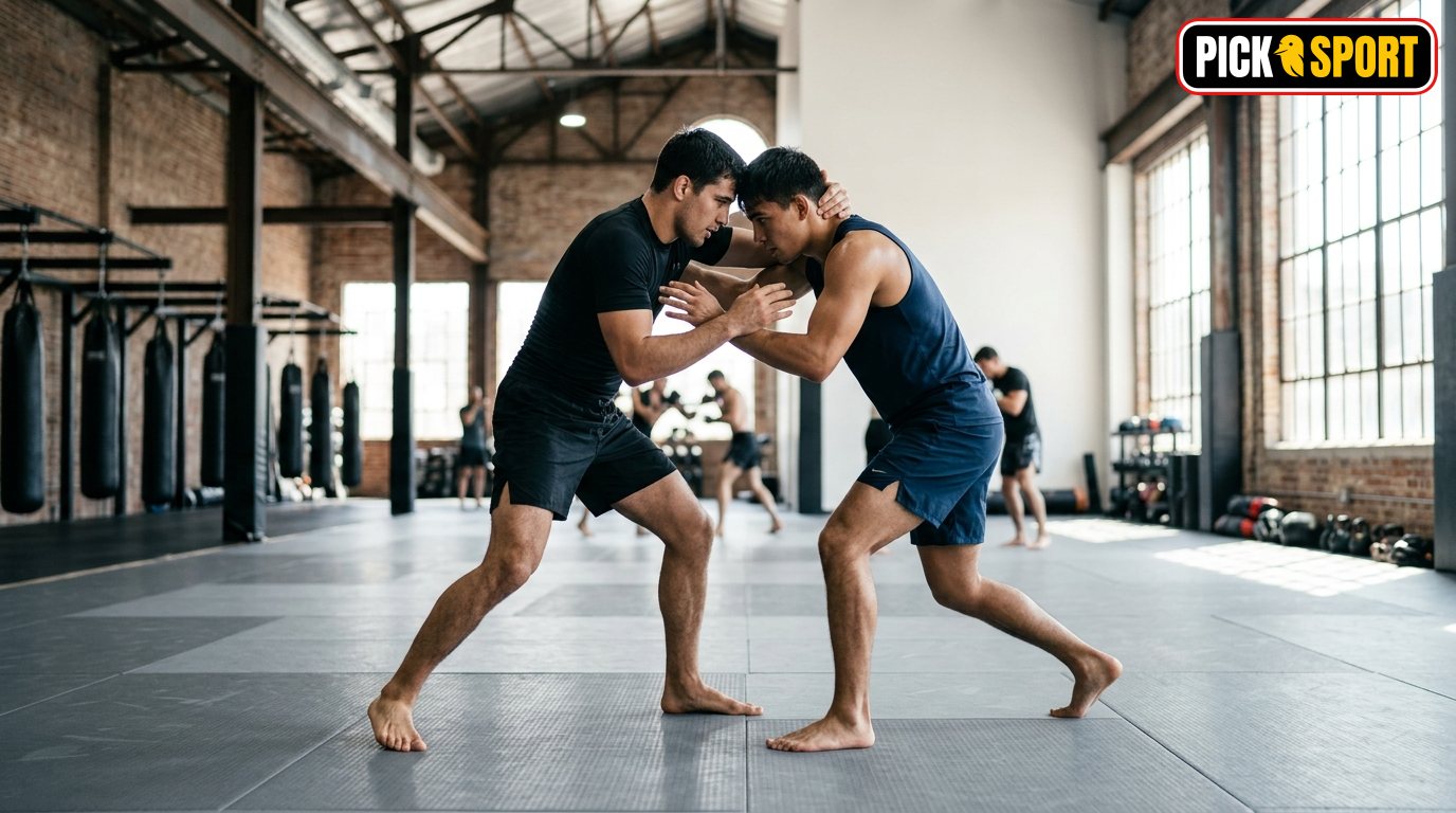 Zwei Athleten beim kontrollierten Kampfsport-Training in einer hellen, modernen Sporthalle.
