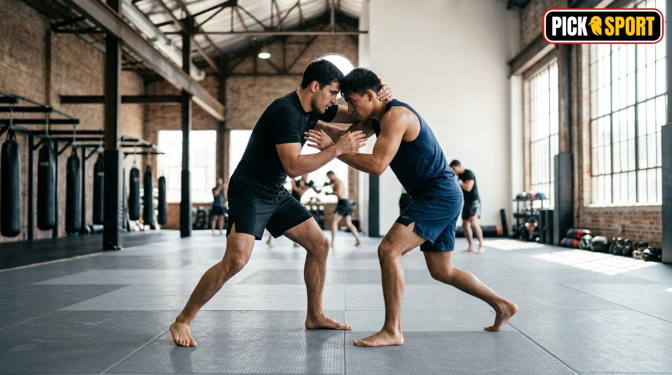 Lethwei: Regeln, Technik und Training verständlich erklärt Zwei Athleten beim kontrollierten Kampfsport-Training in einer hellen, modernen Sporthalle.