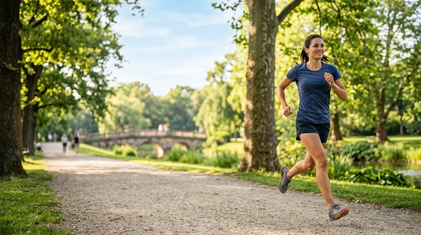 Person in atmungsaktivem Sportshirt beim Lauftraining in einem sonnigen Park im Sommer.