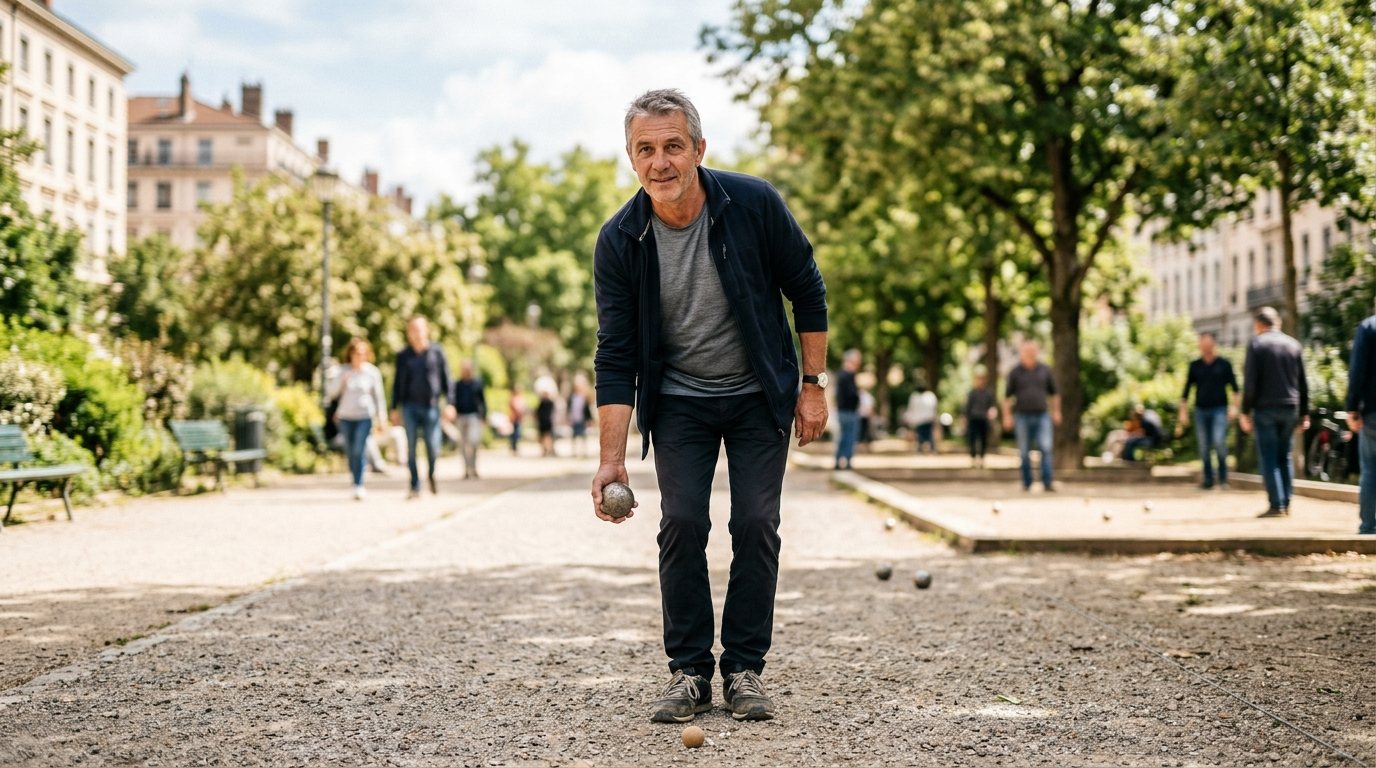 Person beim Petanque-Training in einem Park, Fokus auf Wurfvorbereitung und Technik