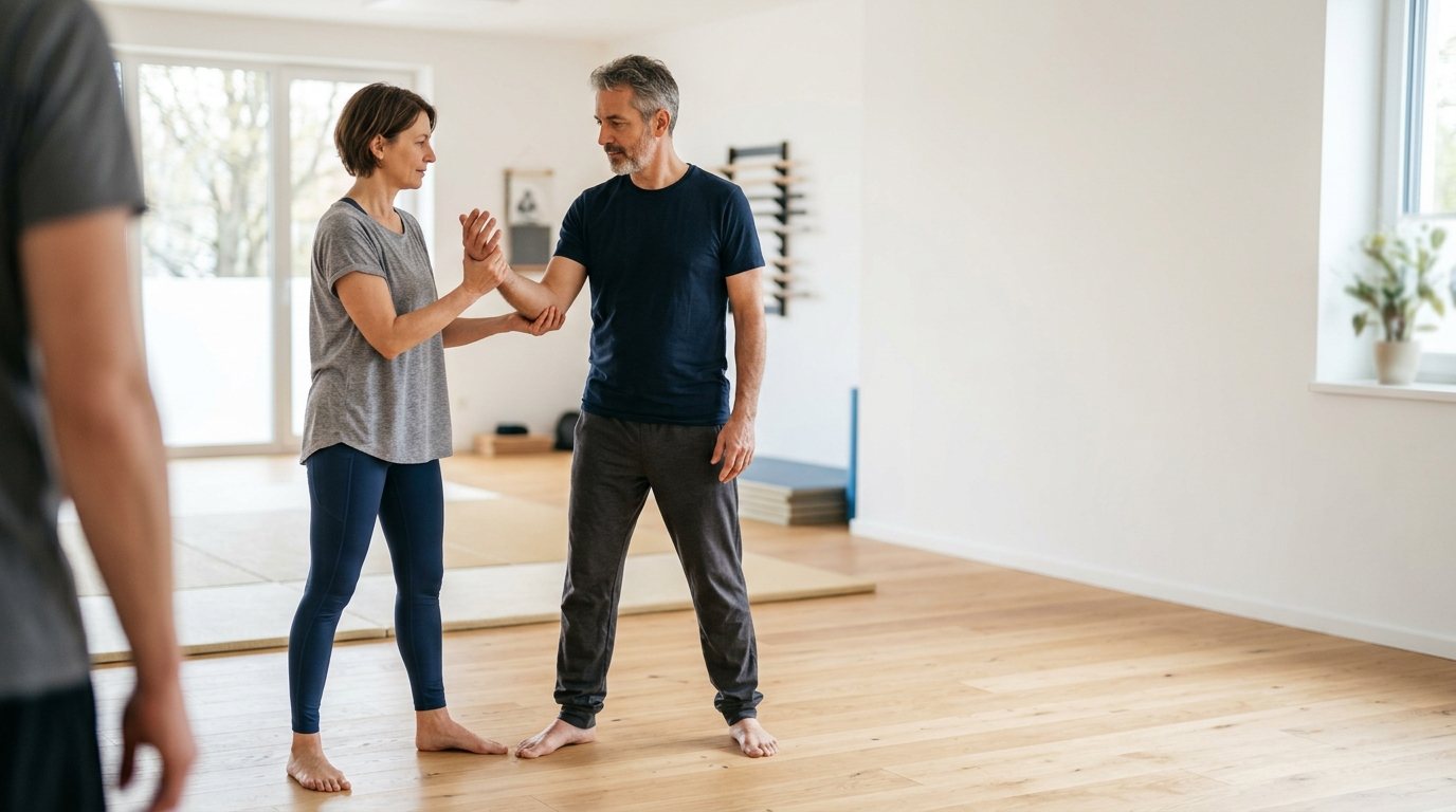 Zwei Personen praktizieren achtsames Systema-Training in einem modernen Sportraum mit Fokus auf Entspannung und Bewegung.