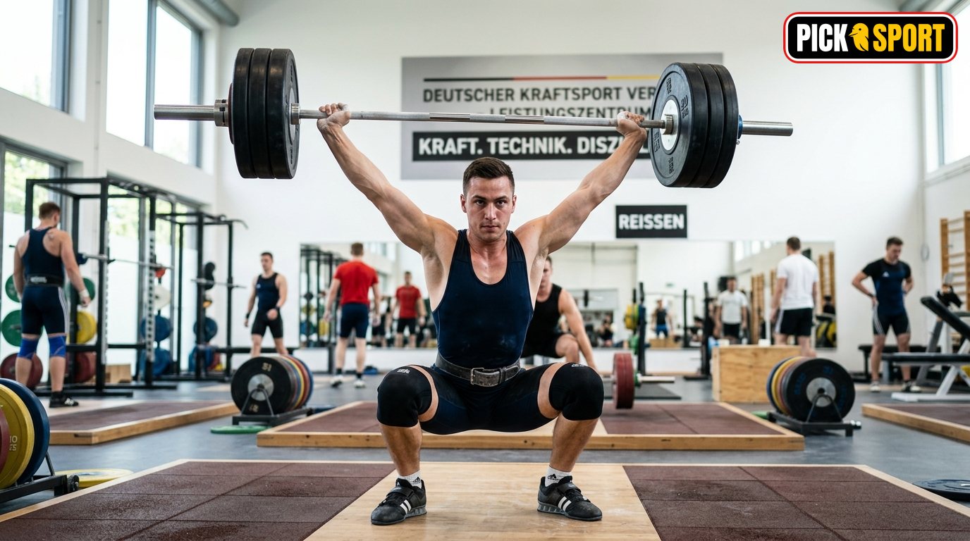 Athlet beim Gewichtheben: Ein Sportler trainiert fokussiert die korrekte Technik an der Langhantel im modernen Fitnessstudio.