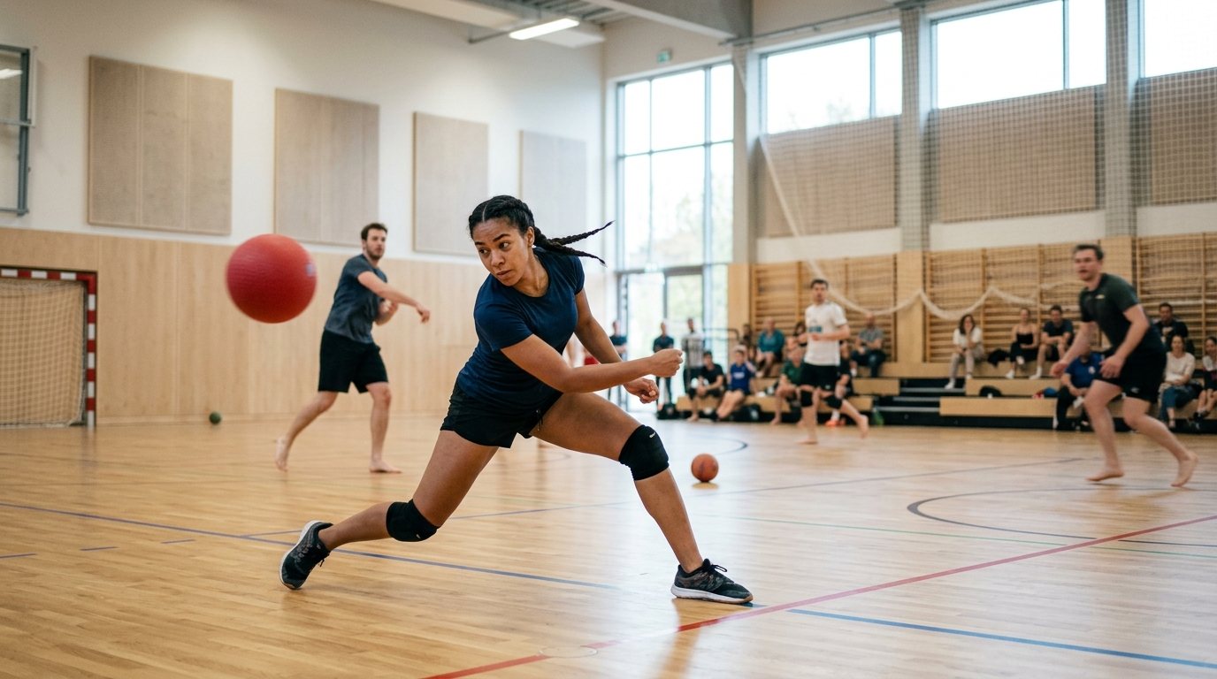 Dynamische Dodgeball-Spieler in einer modernen Sporthalle beim Ausweichen eines Balls