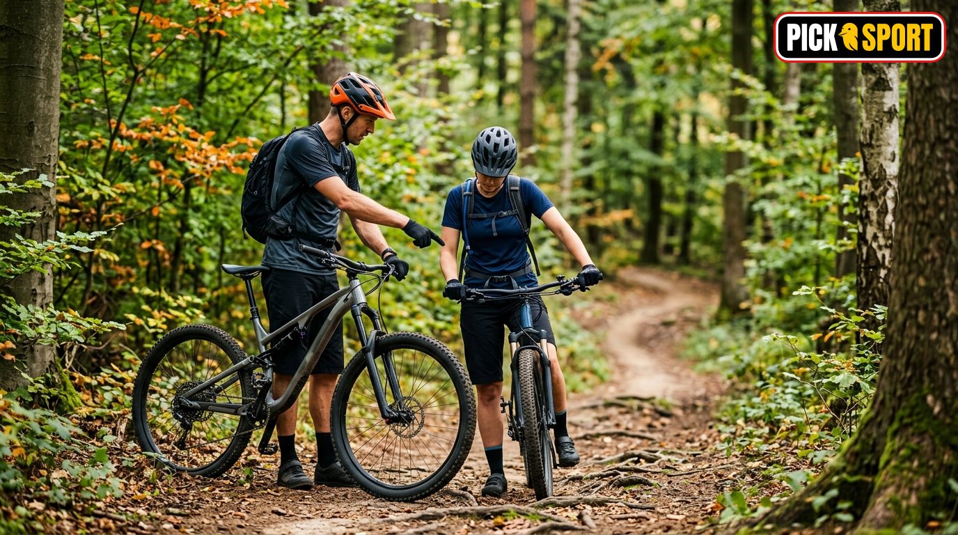 Mountainbiker beim Enduro-Training: Tipps zur Technik und Linienwahl auf einem Wald-Trail in Europa.
