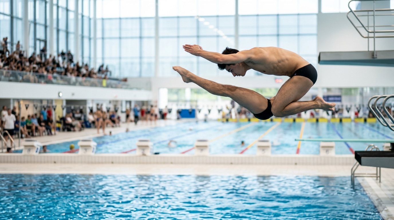 Athlet beim Wasserspringen in der Luft über einem modernen Schwimmbecken.