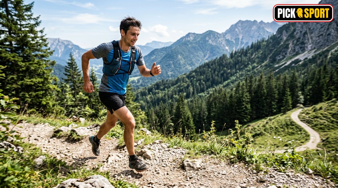 Ein Läufer in einer bergigen Landschaft beim Berglauf-Training mit Fokus auf korrekter Technik bergauf.