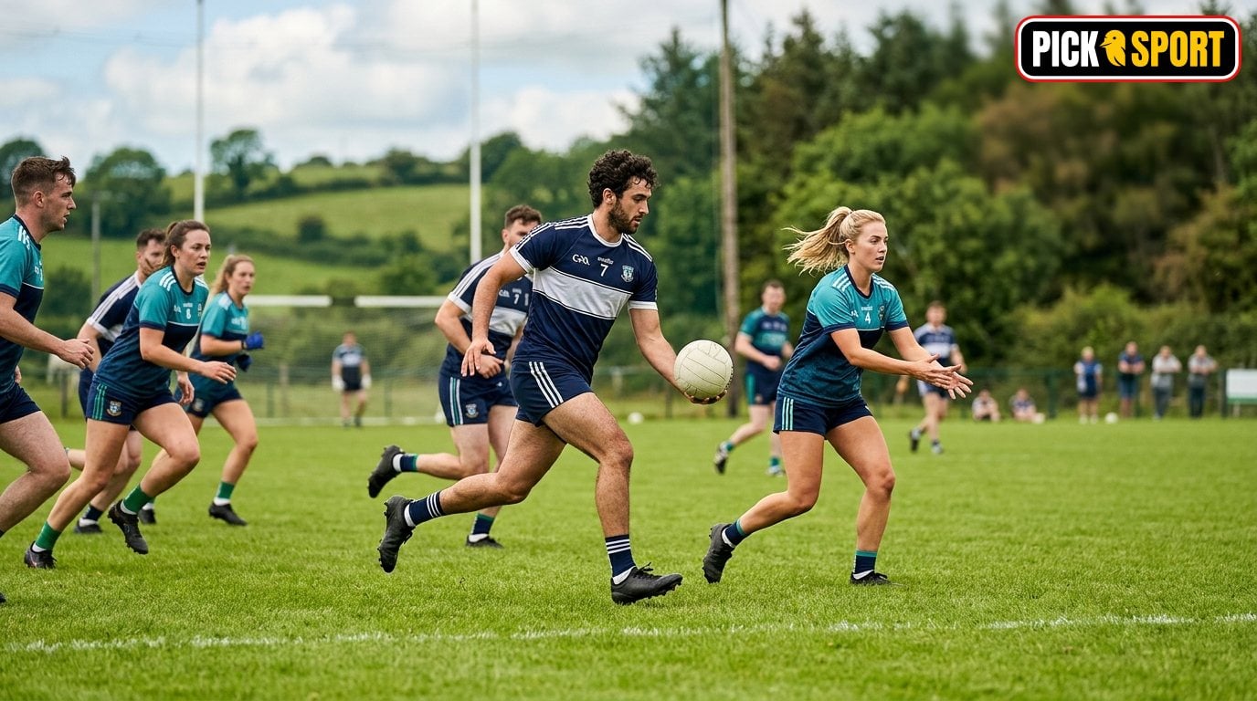 Gaelic Football: Regeln, Technik und Training verständlich erklärt Amateur-Athleten beim Gaelic Football Training auf einem grünen Rasenplatz in einer natürlichen Umgebung.