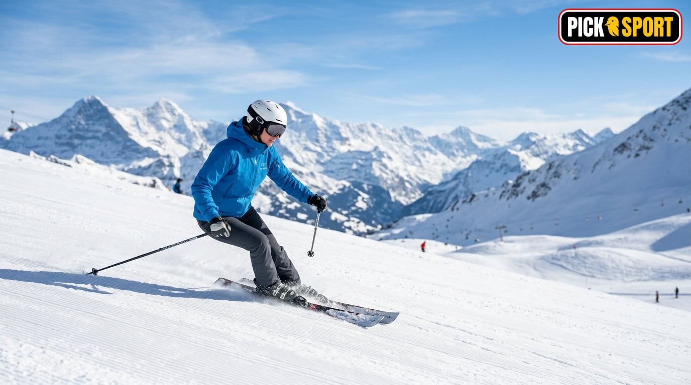 Ski Alpin: Regeln, Technik und Training verständlich erklärt Skifahrer auf einer sonnigen Piste bei einer Technik-Übung, Fokus auf Haltung und Sicherheit beim Skifahren.