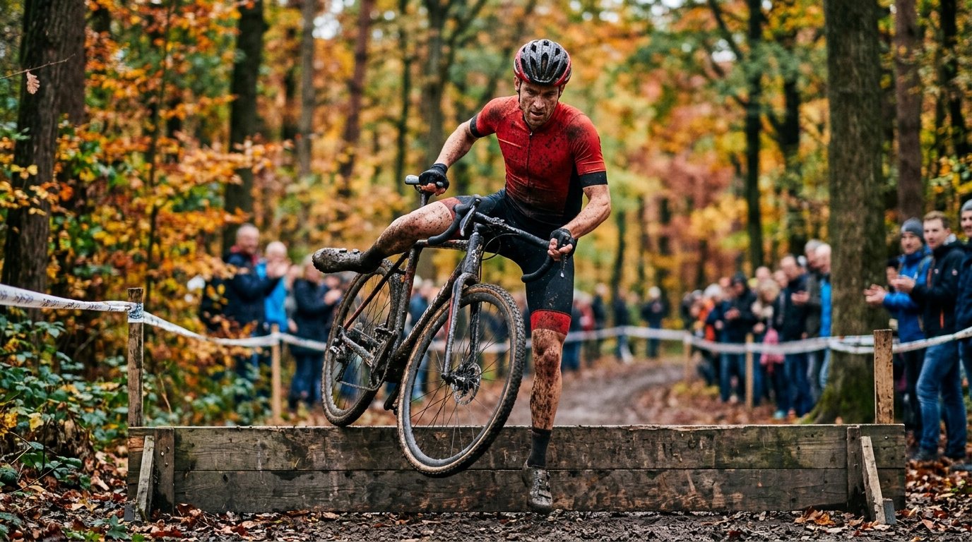 Cyclocross Fahrer beim Absteigen und Tragen des Rads über ein Hindernis auf einer Waldstrecke im Herbst.