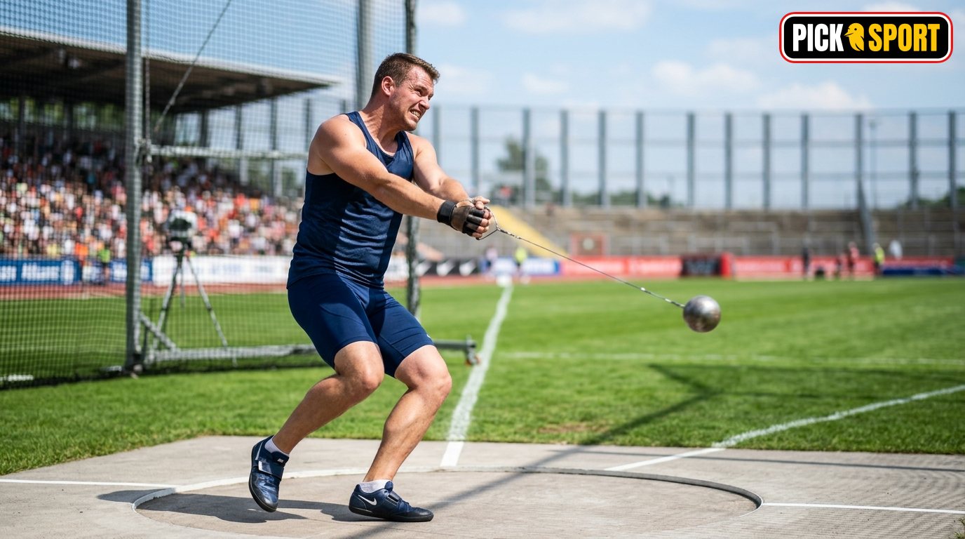 Ein Hammerwerfer bei einer dynamischen Rotation auf einer Leichtathletik-Anlage zur Veranschaulichung der Hammerwurf-Technik.