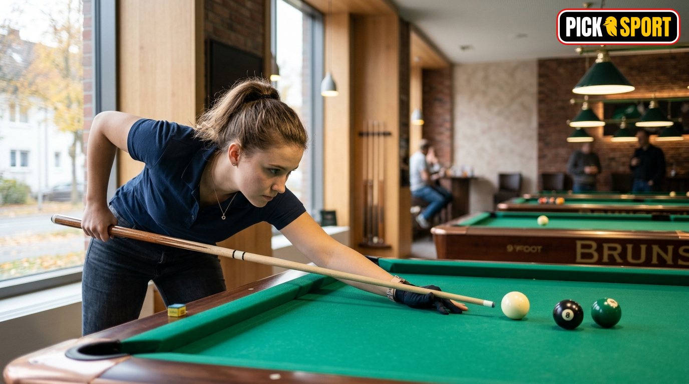 Konzentrierter Billardspieler am Tisch beim Training der Stoßtechnik in einer modernen Billardhalle.