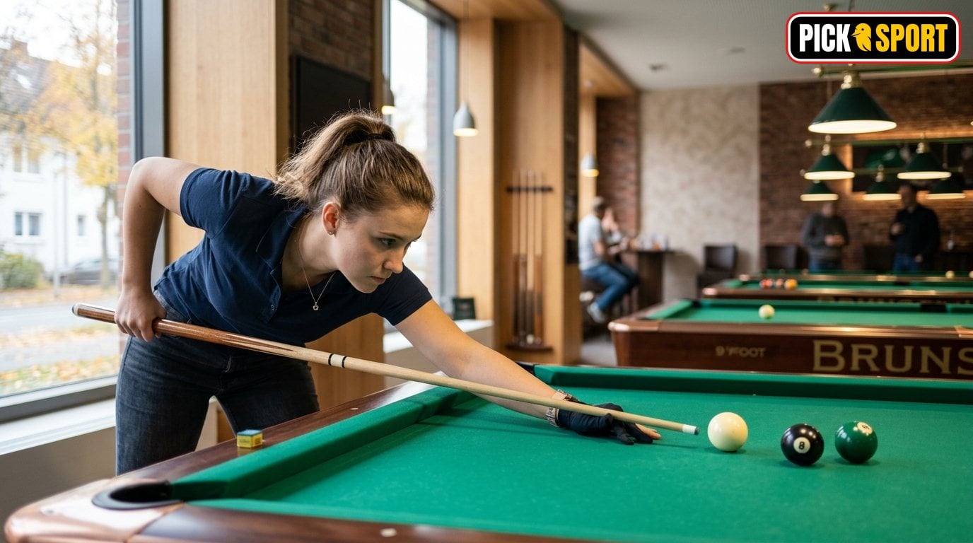 Billard: Regeln, Technik und Training verständlich erklärt Konzentrierter Billardspieler am Tisch beim Training der Stoßtechnik in einer modernen Billardhalle.