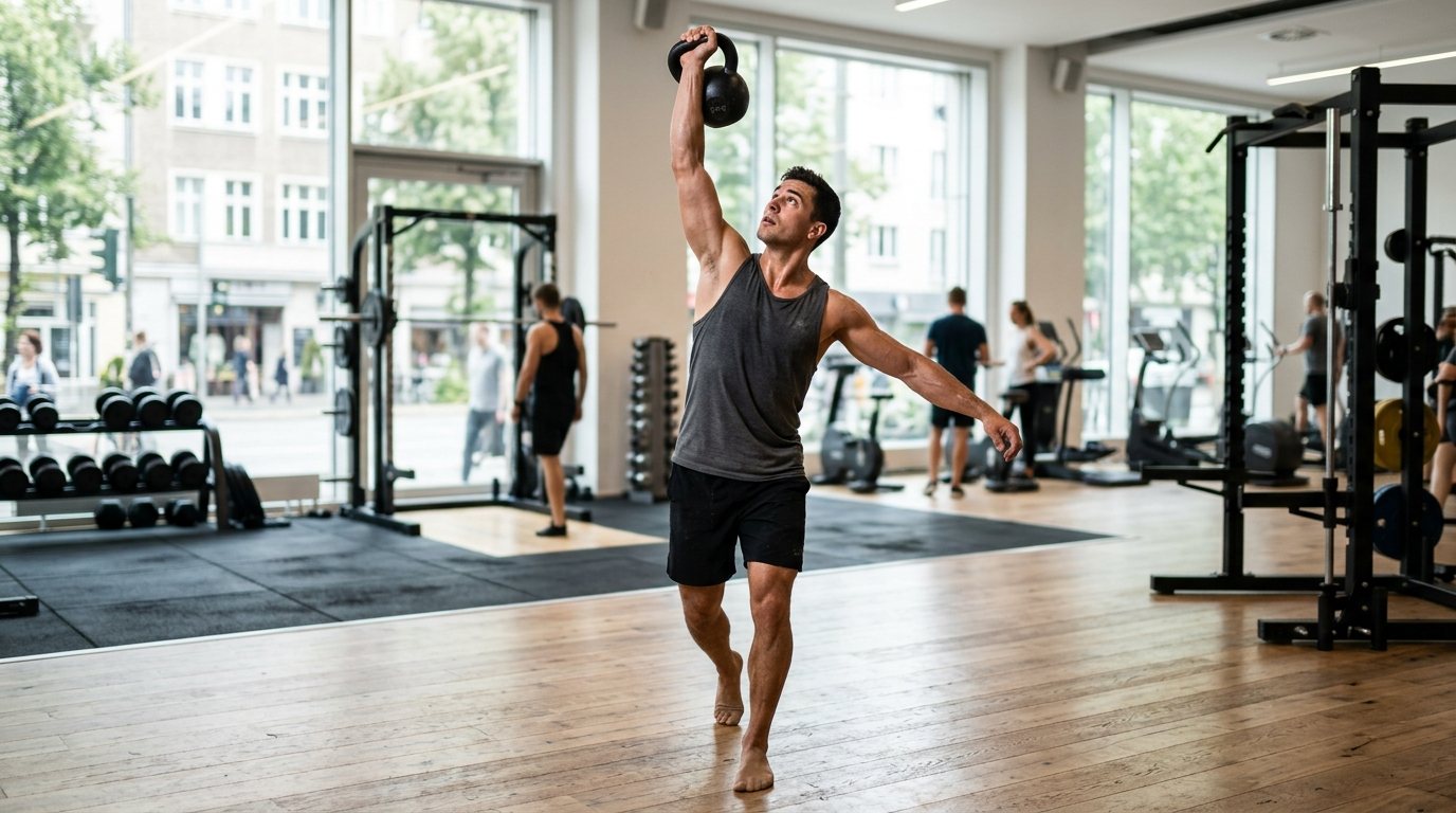 Athlet führt eine Kettlebell-Snatch-Bewegung in einem modernen Fitnessraum aus.