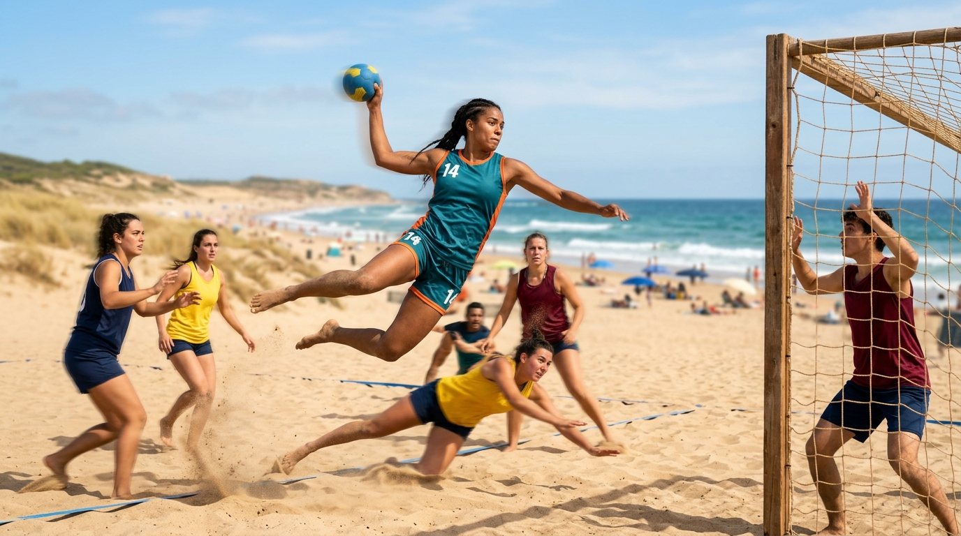 Beachhandball Spieler beim dynamischen Sprungwurf auf einem Sandplatz im Sommer