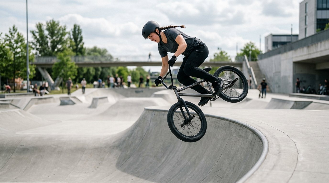 BMX Freestyle Training: Athlet übt Technik und Körperhaltung an einer Rampe im modernen Skatepark.