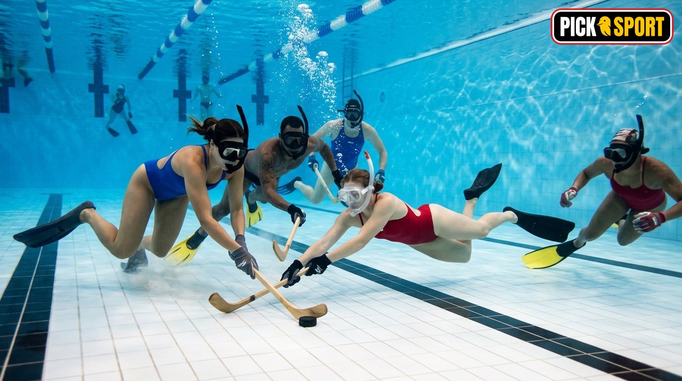 Unterwasserhockey: Regeln, Technik und Training verständlich erklärt Team beim Unterwasserhockey-Training: Spieler mit Flossen und Schlägern bewegen den Puck am Beckenboden.