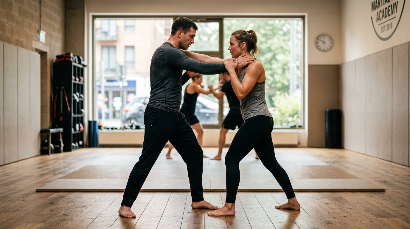 Zwei Sportler beim kontrollierten Technik-Training in einem modernen Kampfsport-Studio.