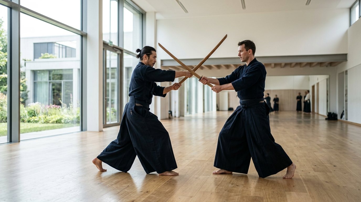Zwei Personen trainieren Kenjutsu mit einem Bokken in einem modernen Dojo