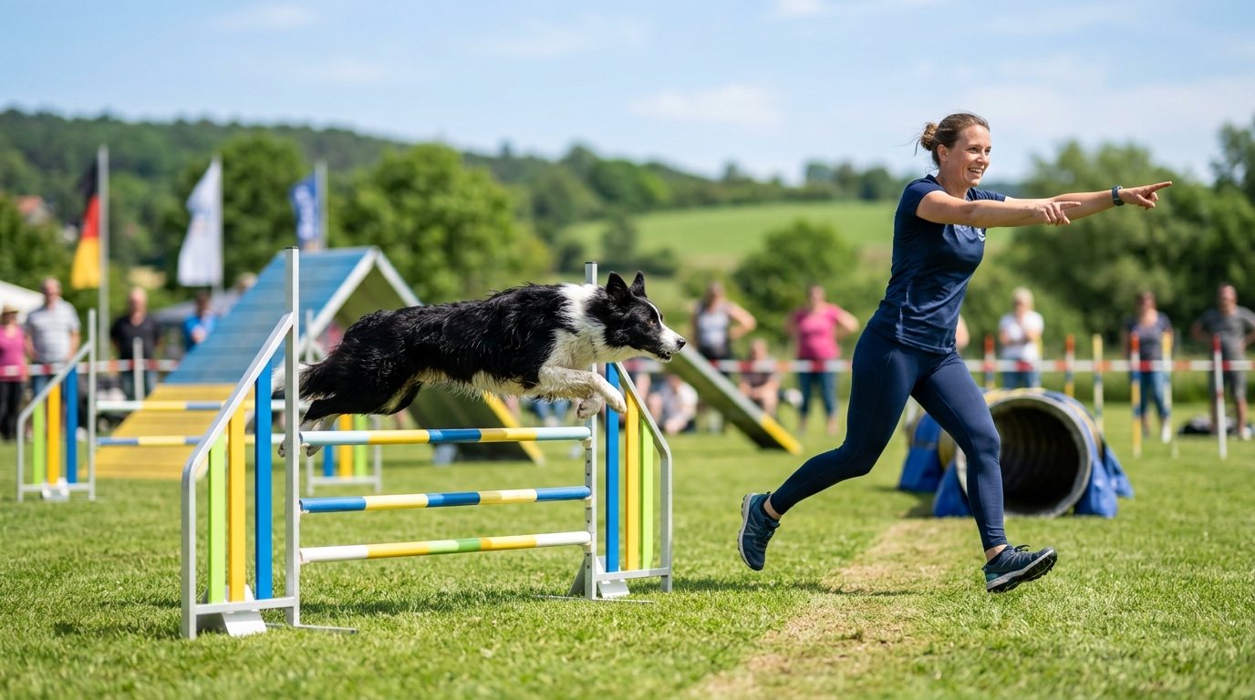 Hundehalter beim Agility-Training mit Hund auf einem Sportplatz