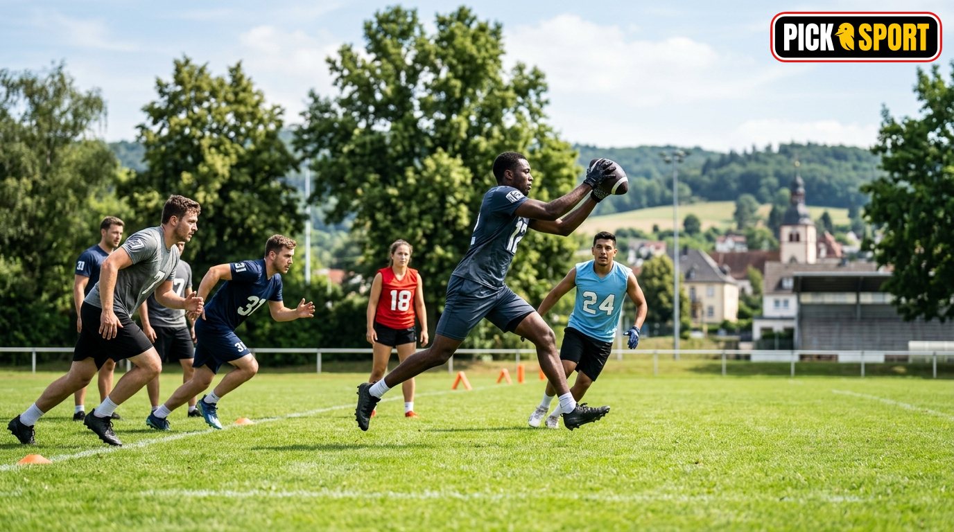 Athleten beim Canadian Football Training auf einem grünen Sportplatz, Fokus auf Bewegung und Technik.