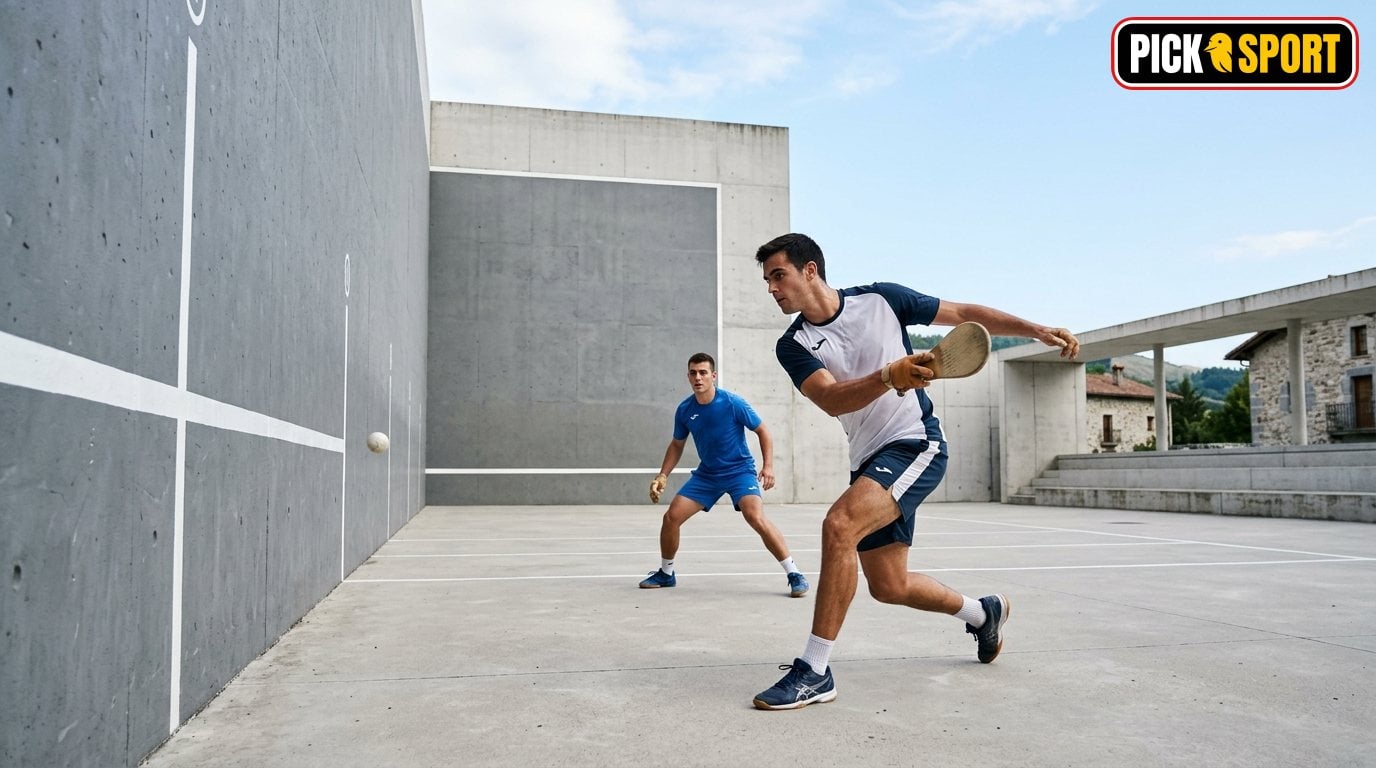 Pelota: Regeln, Technik und Training verständlich erklärt Zwei Personen beim Pelota Training: Sportler beim dynamischen Rückschlagsport an einer Betonwand im Freien.