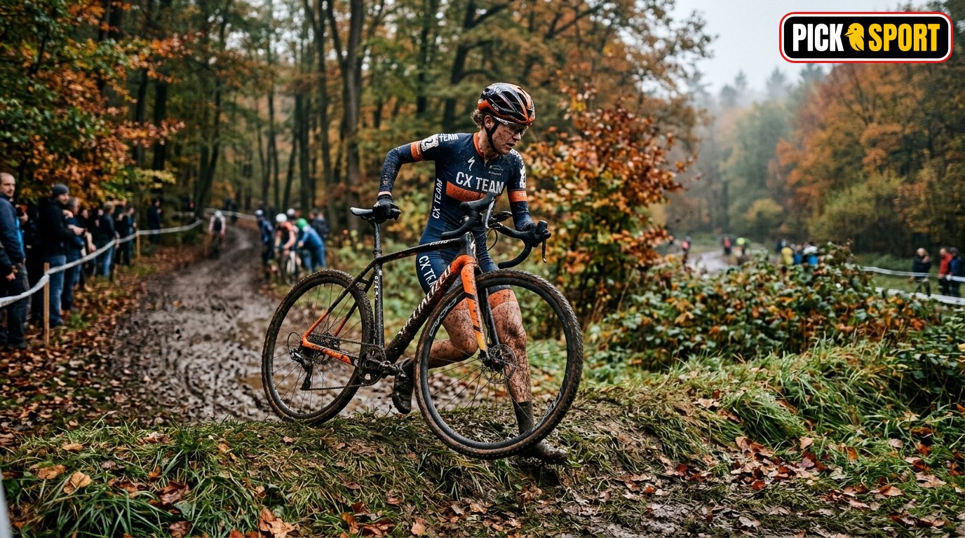 Cyclocross-Sportler beim Training: Ein Radfahrer überwindet dynamisch ein Hindernis auf einem herbstlichen Waldweg.
