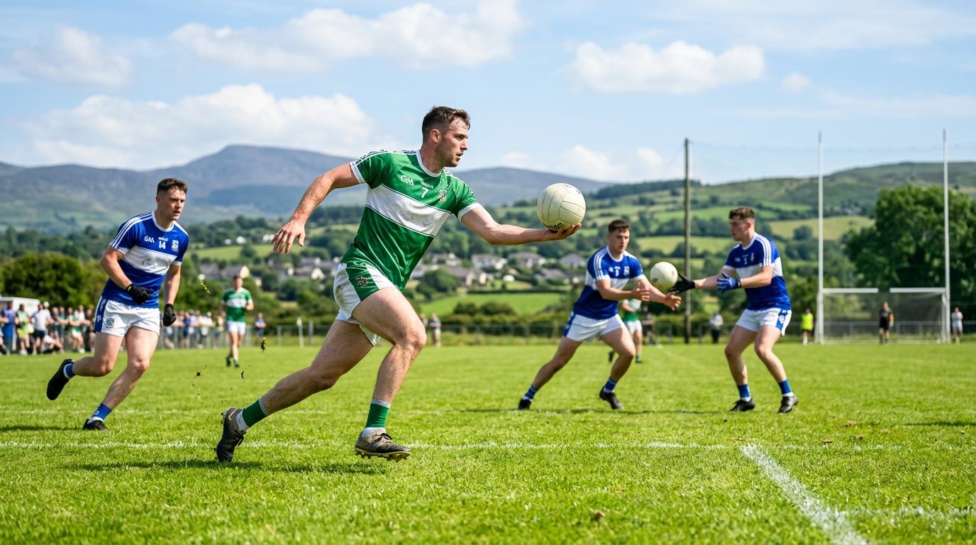 Athleten beim Gaelic Football Training auf einem grünen Sportplatz, Fokus auf Technik und Bewegung.