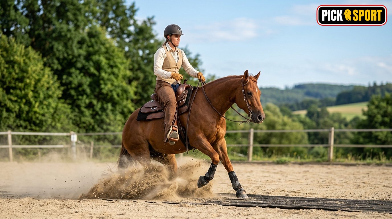 Reining: Regeln, Technik und Training verständlich erklärt Ein Reiter beim Reining Sliding Stop in einer Reitarena – Fokus auf Technik, Konzentration und Präzision.