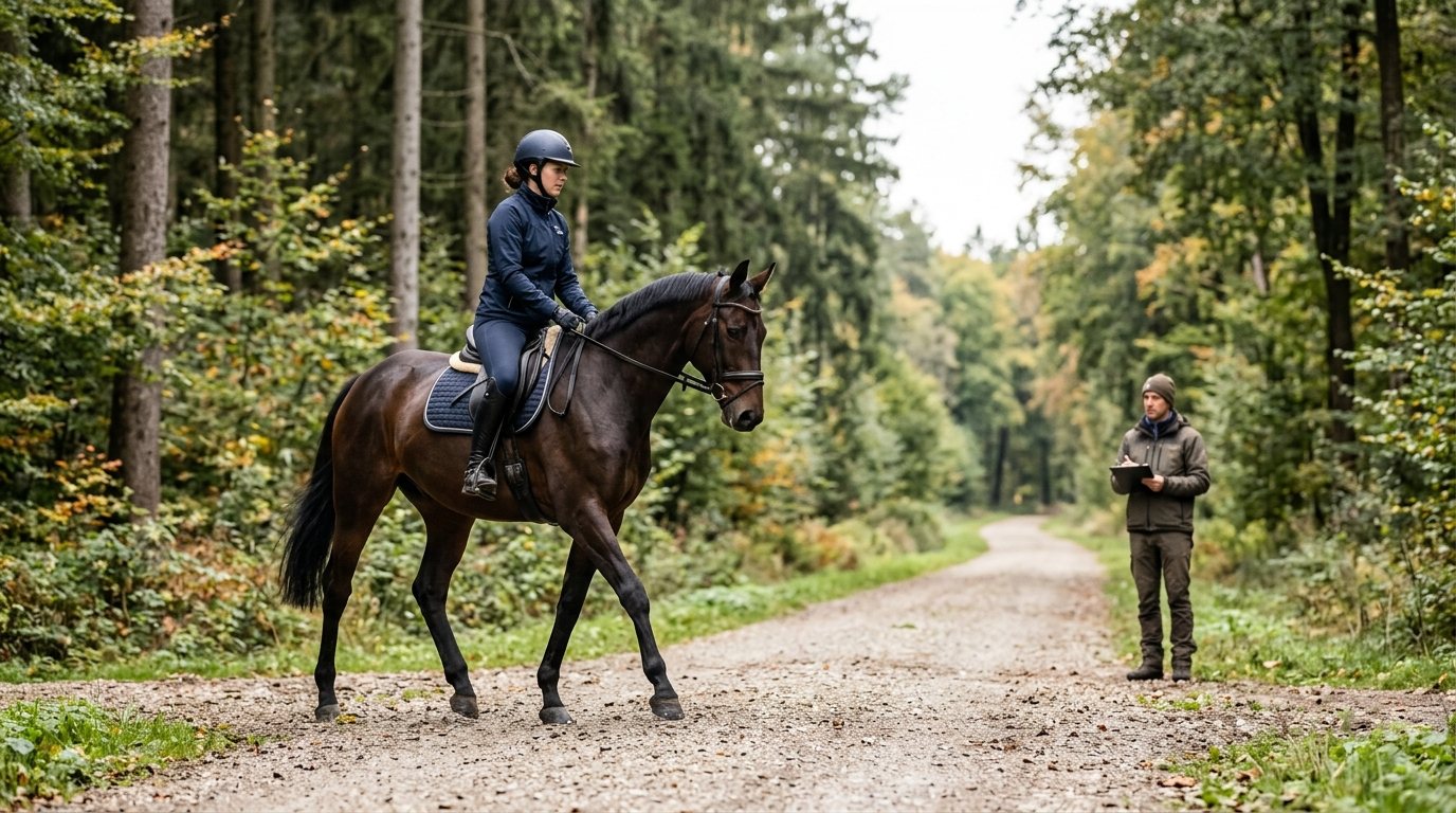 Ein Reiter trainiert mit seinem Pferd auf einem Waldweg zur Vorbereitung auf einen Distanzritt.