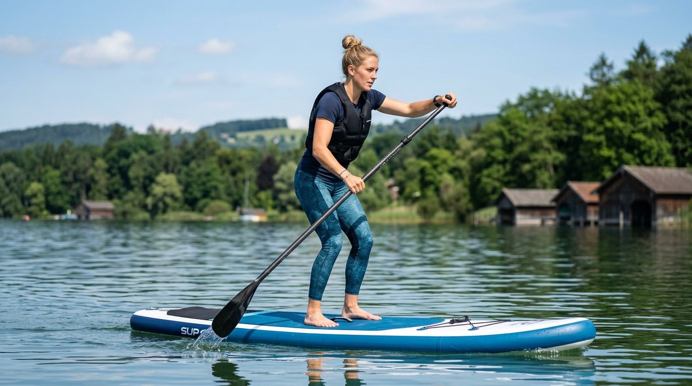 Sportliche Person beim Stand-up-Paddling auf einem ruhigen See im Sommertraining.