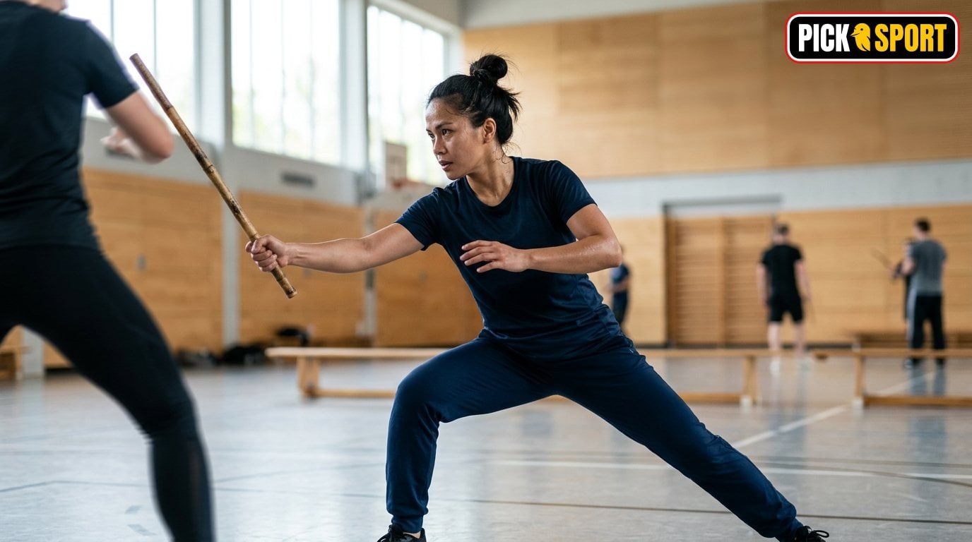 Eskrima, Arnis und Kali: Regeln, Technik und Training verständlich erklärt Athlet trainiert Eskrima Arnis Kali Techniken mit Rattanstock in einer modernen Sporthalle