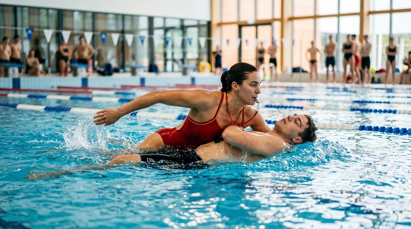 Rettungsschwimmer trainieren im modernen Hallenbad eine Rettungstechnik für den Ernstfall.