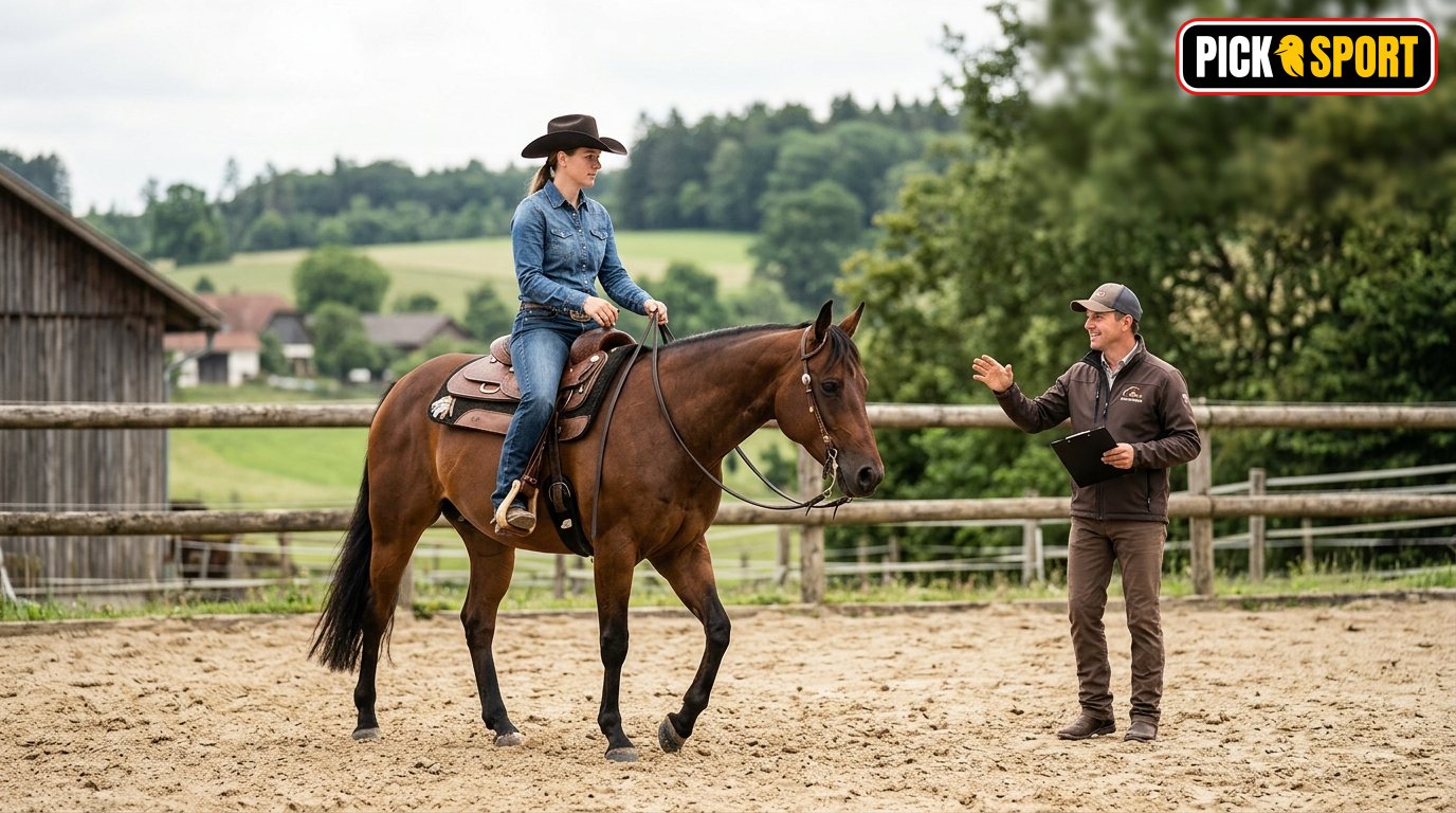 Reiter beim Westernreiten im Training auf einem Außenplatz, Fokus auf Technik und Kommunikation zwischen Pferd und Reiter.